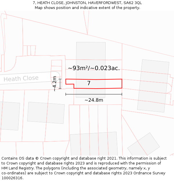 7, HEATH CLOSE, JOHNSTON, HAVERFORDWEST, SA62 3QL: Plot and title map