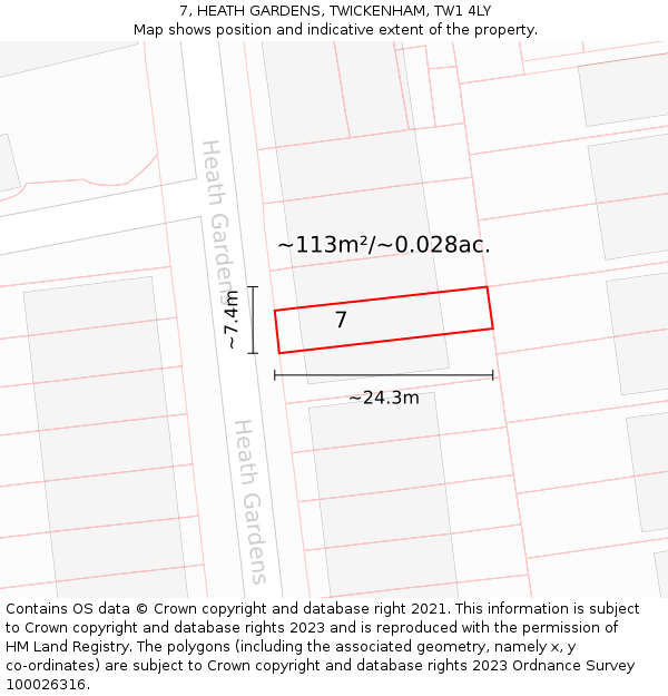 7, HEATH GARDENS, TWICKENHAM, TW1 4LY: Plot and title map