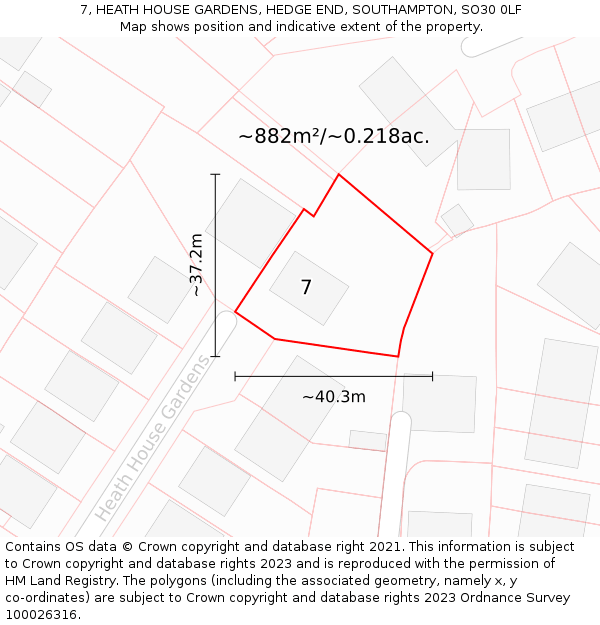 7, HEATH HOUSE GARDENS, HEDGE END, SOUTHAMPTON, SO30 0LF: Plot and title map