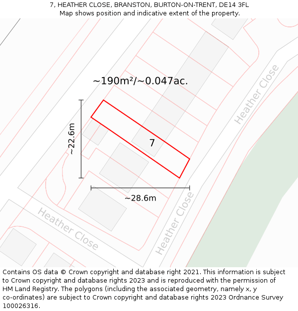 7, HEATHER CLOSE, BRANSTON, BURTON-ON-TRENT, DE14 3FL: Plot and title map