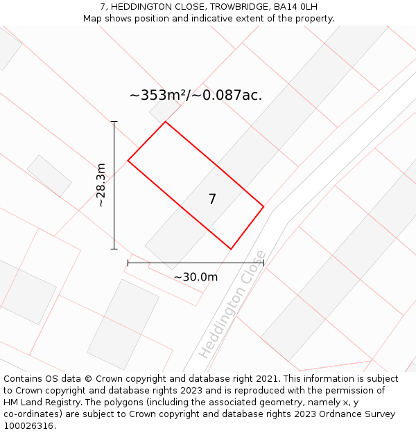 7, HEDDINGTON CLOSE, TROWBRIDGE, BA14 0LH: Plot and title map