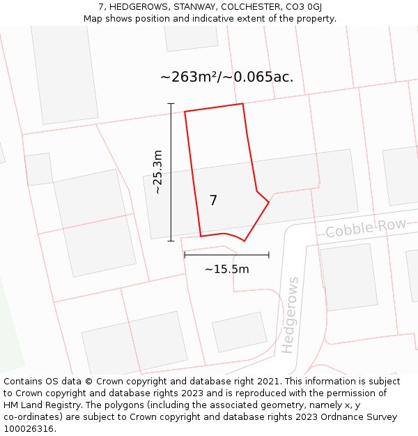7, HEDGEROWS, STANWAY, COLCHESTER, CO3 0GJ: Plot and title map