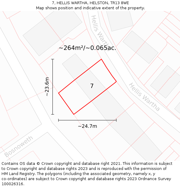 7, HELLIS WARTHA, HELSTON, TR13 8WE: Plot and title map