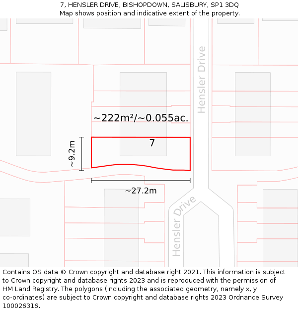 7, HENSLER DRIVE, BISHOPDOWN, SALISBURY, SP1 3DQ: Plot and title map