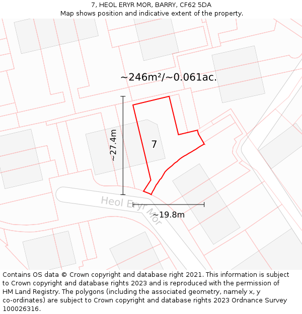 7, HEOL ERYR MOR, BARRY, CF62 5DA: Plot and title map