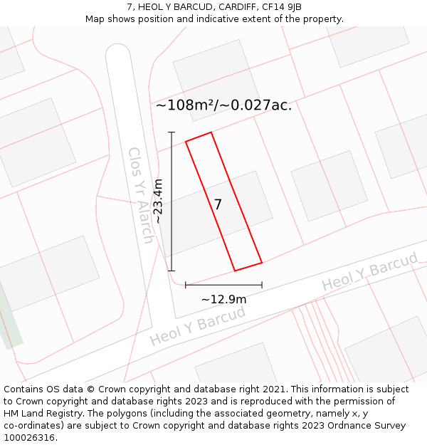7, HEOL Y BARCUD, CARDIFF, CF14 9JB: Plot and title map