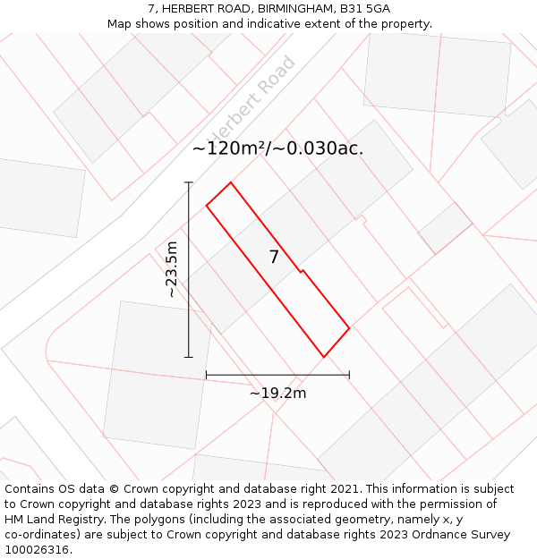 7, HERBERT ROAD, BIRMINGHAM, B31 5GA: Plot and title map