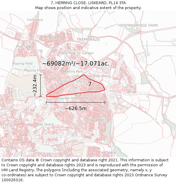 7, HERRING CLOSE, LISKEARD, PL14 3TA: Plot and title map