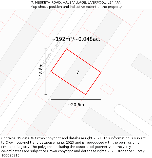 7, HESKETH ROAD, HALE VILLAGE, LIVERPOOL, L24 4AN: Plot and title map