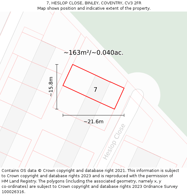 7, HESLOP CLOSE, BINLEY, COVENTRY, CV3 2FR: Plot and title map