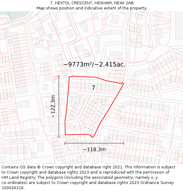 7, HEXTOL CRESCENT, HEXHAM, NE46 2AB: Plot and title map