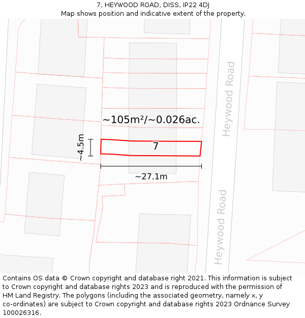 7, HEYWOOD ROAD, DISS, IP22 4DJ: Plot and title map