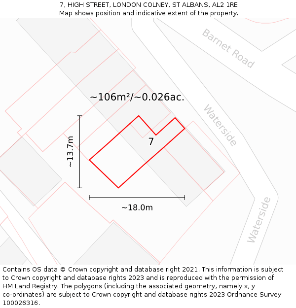 7, HIGH STREET, LONDON COLNEY, ST ALBANS, AL2 1RE: Plot and title map