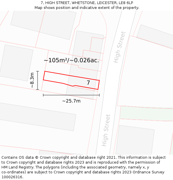 7, HIGH STREET, WHETSTONE, LEICESTER, LE8 6LP: Plot and title map