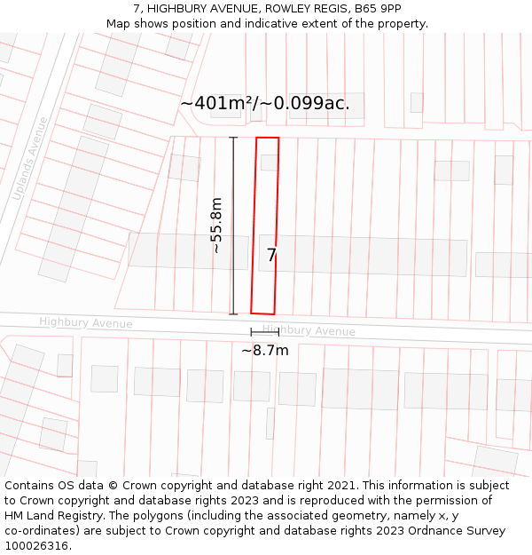 7, HIGHBURY AVENUE, ROWLEY REGIS, B65 9PP: Plot and title map