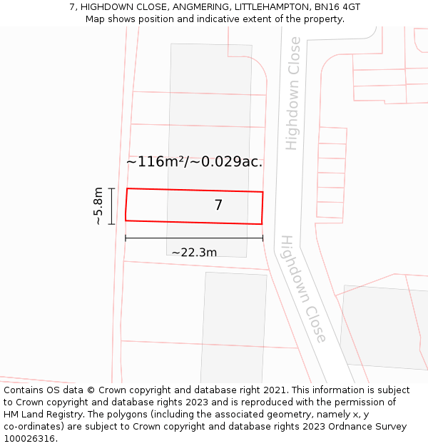7, HIGHDOWN CLOSE, ANGMERING, LITTLEHAMPTON, BN16 4GT: Plot and title map