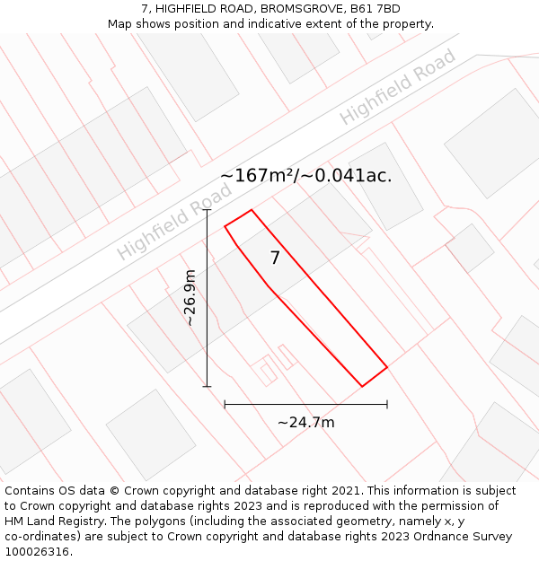 7, HIGHFIELD ROAD, BROMSGROVE, B61 7BD: Plot and title map