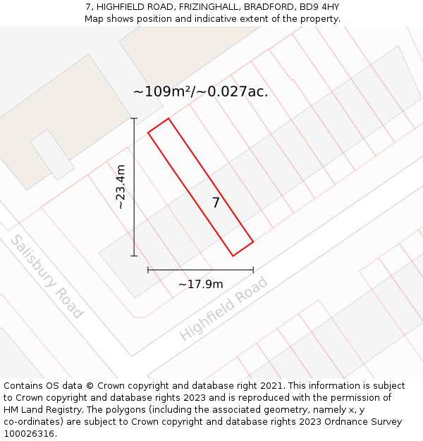 7, HIGHFIELD ROAD, FRIZINGHALL, BRADFORD, BD9 4HY: Plot and title map