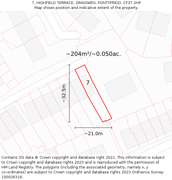 7, HIGHFIELD TERRACE, GRAIGWEN, PONTYPRIDD, CF37 2HP: Plot and title map
