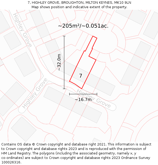 7, HIGHLEY GROVE, BROUGHTON, MILTON KEYNES, MK10 9LN: Plot and title map