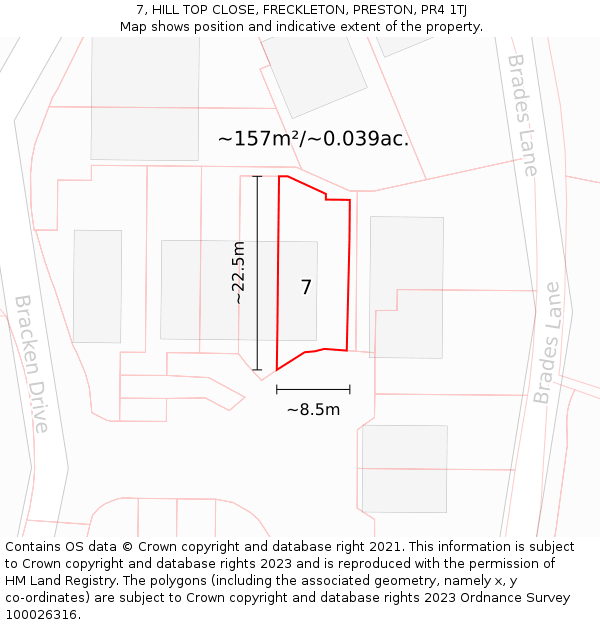 7, HILL TOP CLOSE, FRECKLETON, PRESTON, PR4 1TJ: Plot and title map