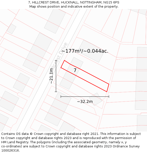 7, HILLCREST DRIVE, HUCKNALL, NOTTINGHAM, NG15 6PS: Plot and title map