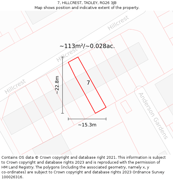 7, HILLCREST, TADLEY, RG26 3JB: Plot and title map