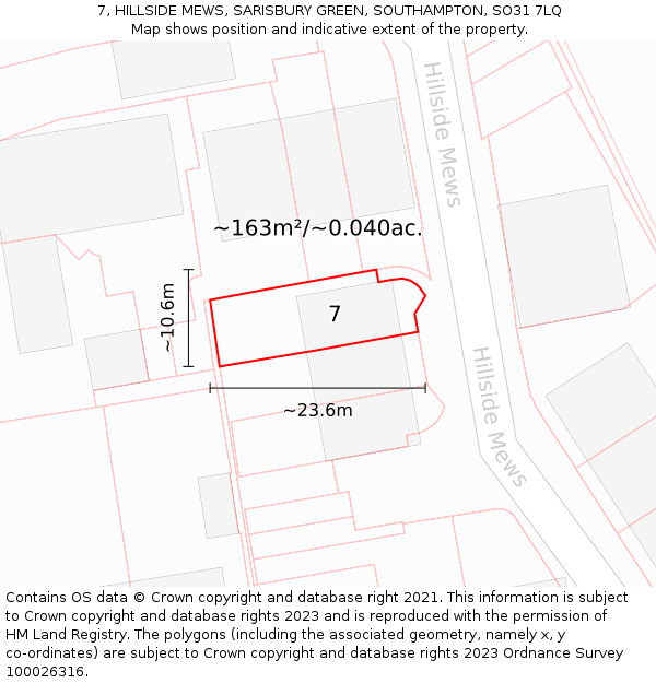 7, HILLSIDE MEWS, SARISBURY GREEN, SOUTHAMPTON, SO31 7LQ: Plot and title map