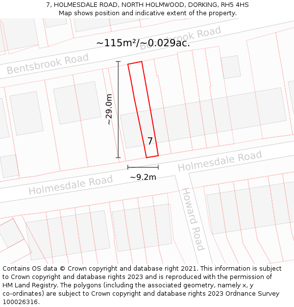 7, HOLMESDALE ROAD, NORTH HOLMWOOD, DORKING, RH5 4HS: Plot and title map