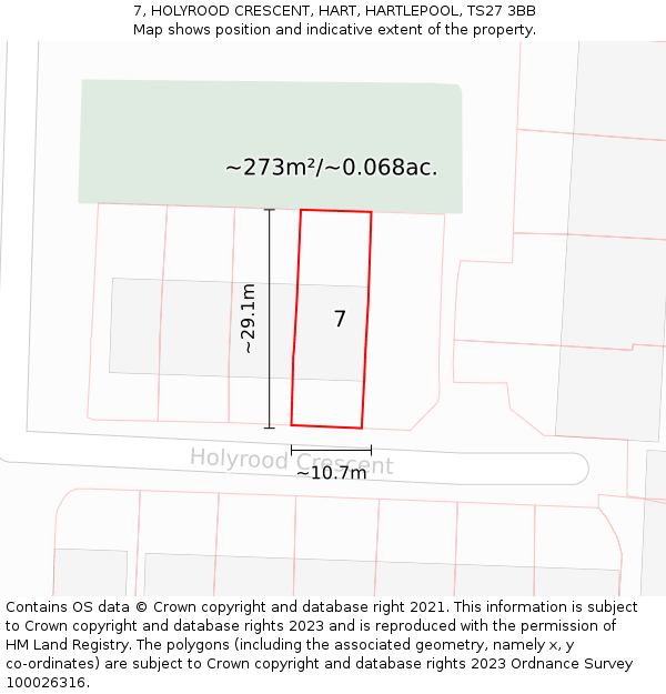 7, HOLYROOD CRESCENT, HART, HARTLEPOOL, TS27 3BB: Plot and title map