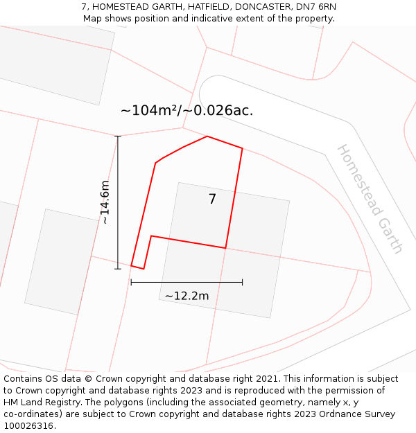 7, HOMESTEAD GARTH, HATFIELD, DONCASTER, DN7 6RN: Plot and title map