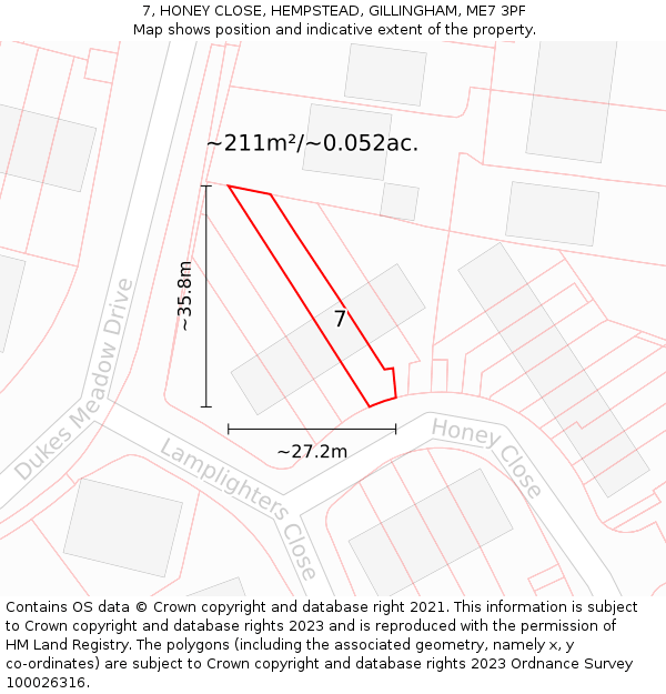 7, HONEY CLOSE, HEMPSTEAD, GILLINGHAM, ME7 3PF: Plot and title map