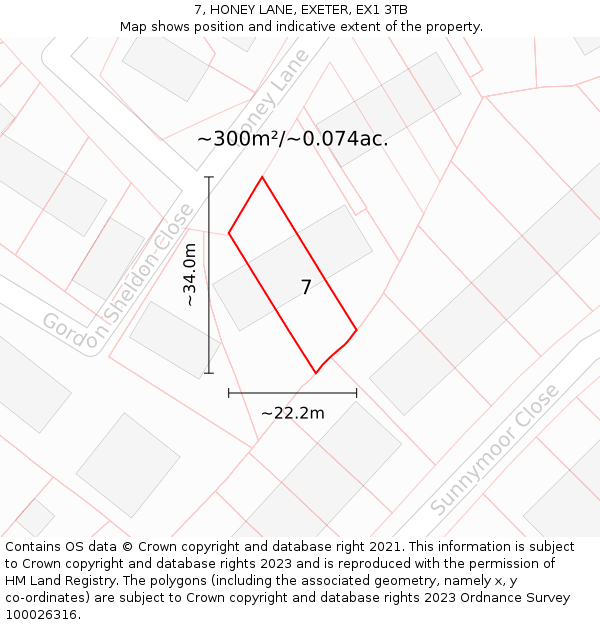 7, HONEY LANE, EXETER, EX1 3TB: Plot and title map