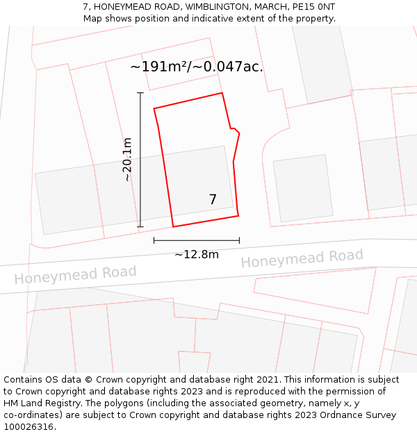 7, HONEYMEAD ROAD, WIMBLINGTON, MARCH, PE15 0NT: Plot and title map