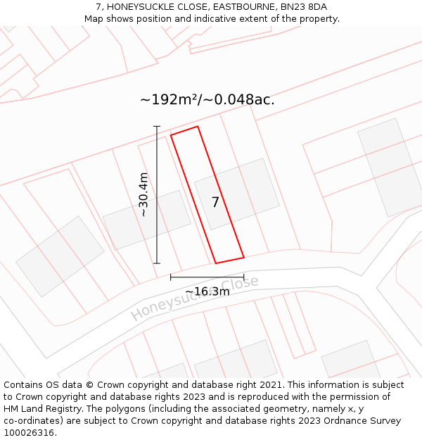 7, HONEYSUCKLE CLOSE, EASTBOURNE, BN23 8DA: Plot and title map