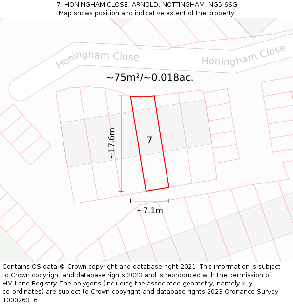 7, HONINGHAM CLOSE, ARNOLD, NOTTINGHAM, NG5 6SG: Plot and title map