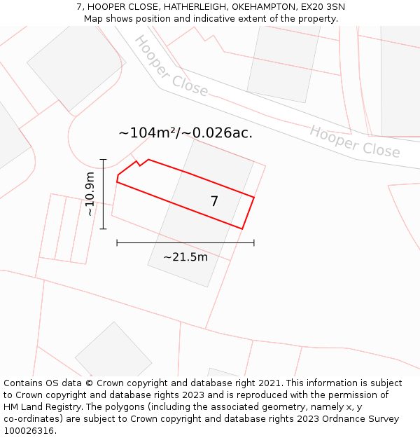 7, HOOPER CLOSE, HATHERLEIGH, OKEHAMPTON, EX20 3SN: Plot and title map