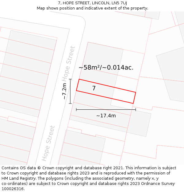 7, HOPE STREET, LINCOLN, LN5 7UJ: Plot and title map
