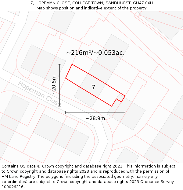 7, HOPEMAN CLOSE, COLLEGE TOWN, SANDHURST, GU47 0XH: Plot and title map