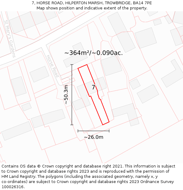 7, HORSE ROAD, HILPERTON MARSH, TROWBRIDGE, BA14 7PE: Plot and title map