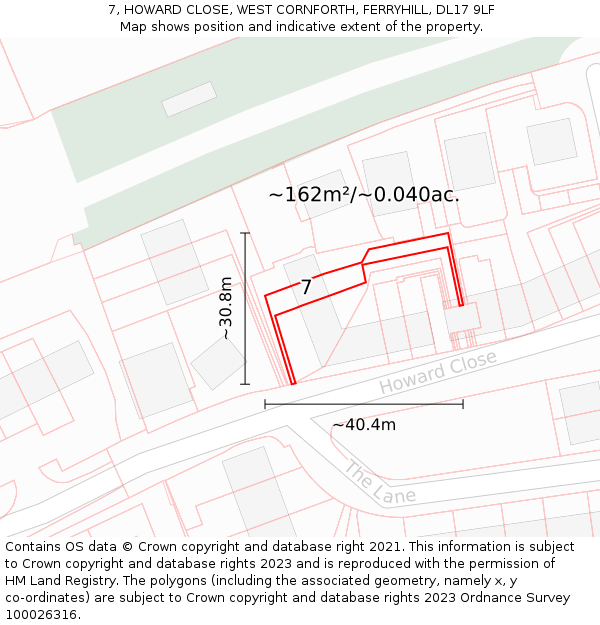 7, HOWARD CLOSE, WEST CORNFORTH, FERRYHILL, DL17 9LF: Plot and title map