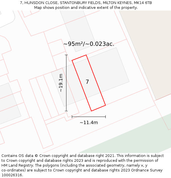 7, HUNSDON CLOSE, STANTONBURY FIELDS, MILTON KEYNES, MK14 6TB: Plot and title map