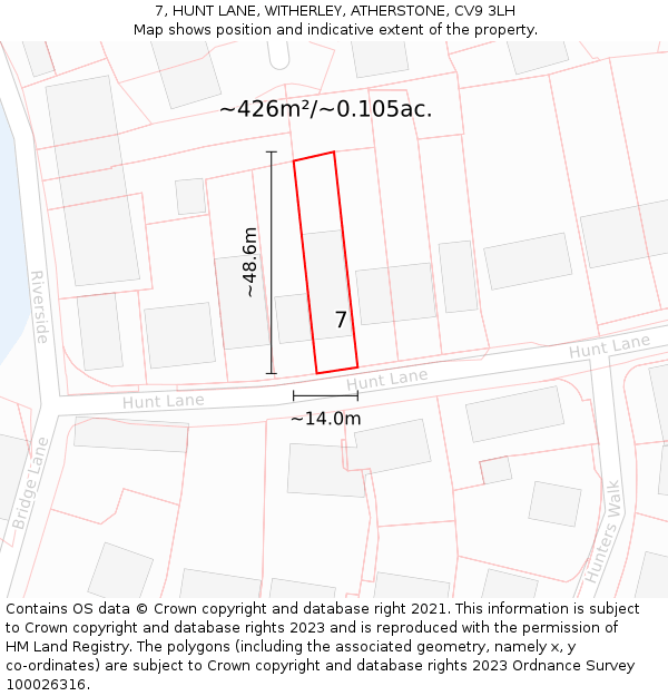 7, HUNT LANE, WITHERLEY, ATHERSTONE, CV9 3LH: Plot and title map