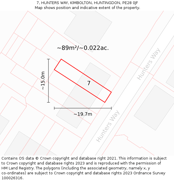 7, HUNTERS WAY, KIMBOLTON, HUNTINGDON, PE28 0JF: Plot and title map