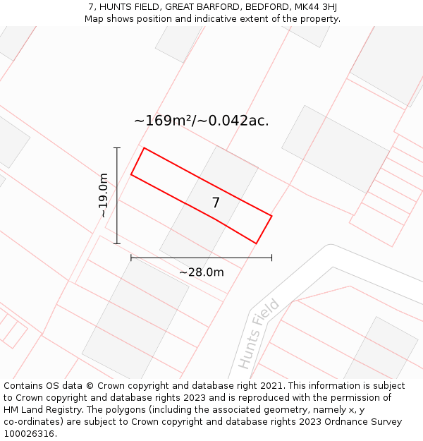 7, HUNTS FIELD, GREAT BARFORD, BEDFORD, MK44 3HJ: Plot and title map