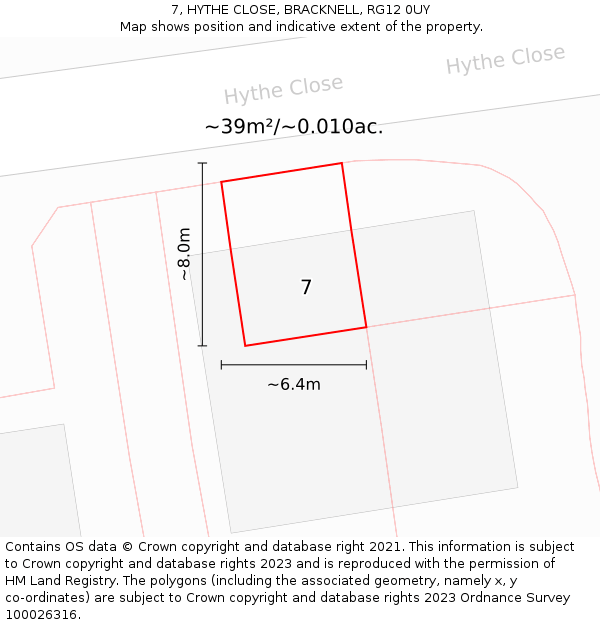 7, HYTHE CLOSE, BRACKNELL, RG12 0UY: Plot and title map