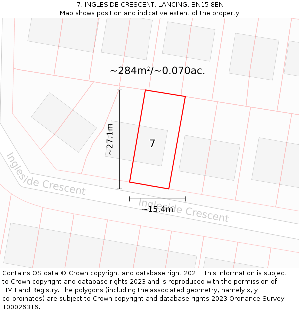 7, INGLESIDE CRESCENT, LANCING, BN15 8EN: Plot and title map