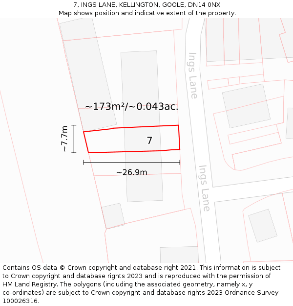 7, INGS LANE, KELLINGTON, GOOLE, DN14 0NX: Plot and title map