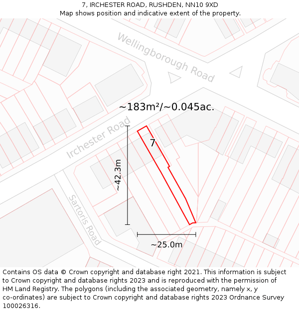 7, IRCHESTER ROAD, RUSHDEN, NN10 9XD: Plot and title map