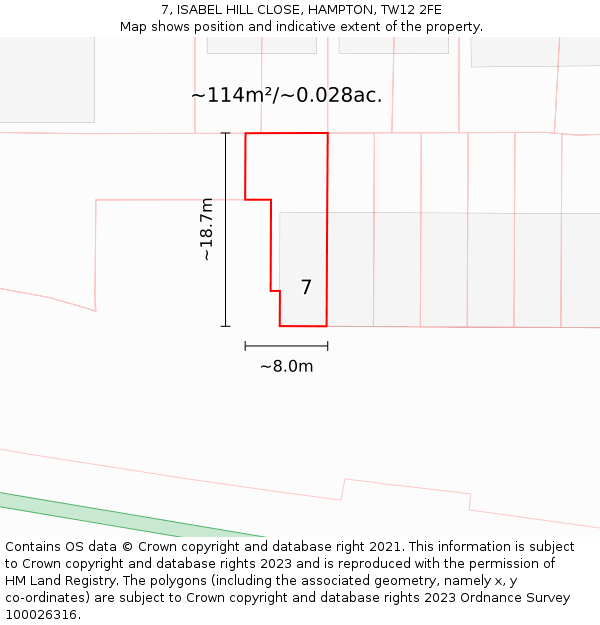 7, ISABEL HILL CLOSE, HAMPTON, TW12 2FE: Plot and title map